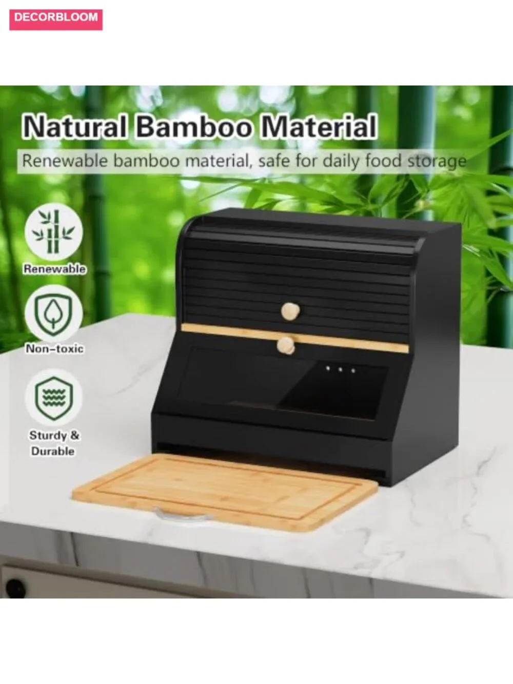 Roll Top Bamboo Bread Box with Removable Cutting Board, 2 Tier, Large Capacity